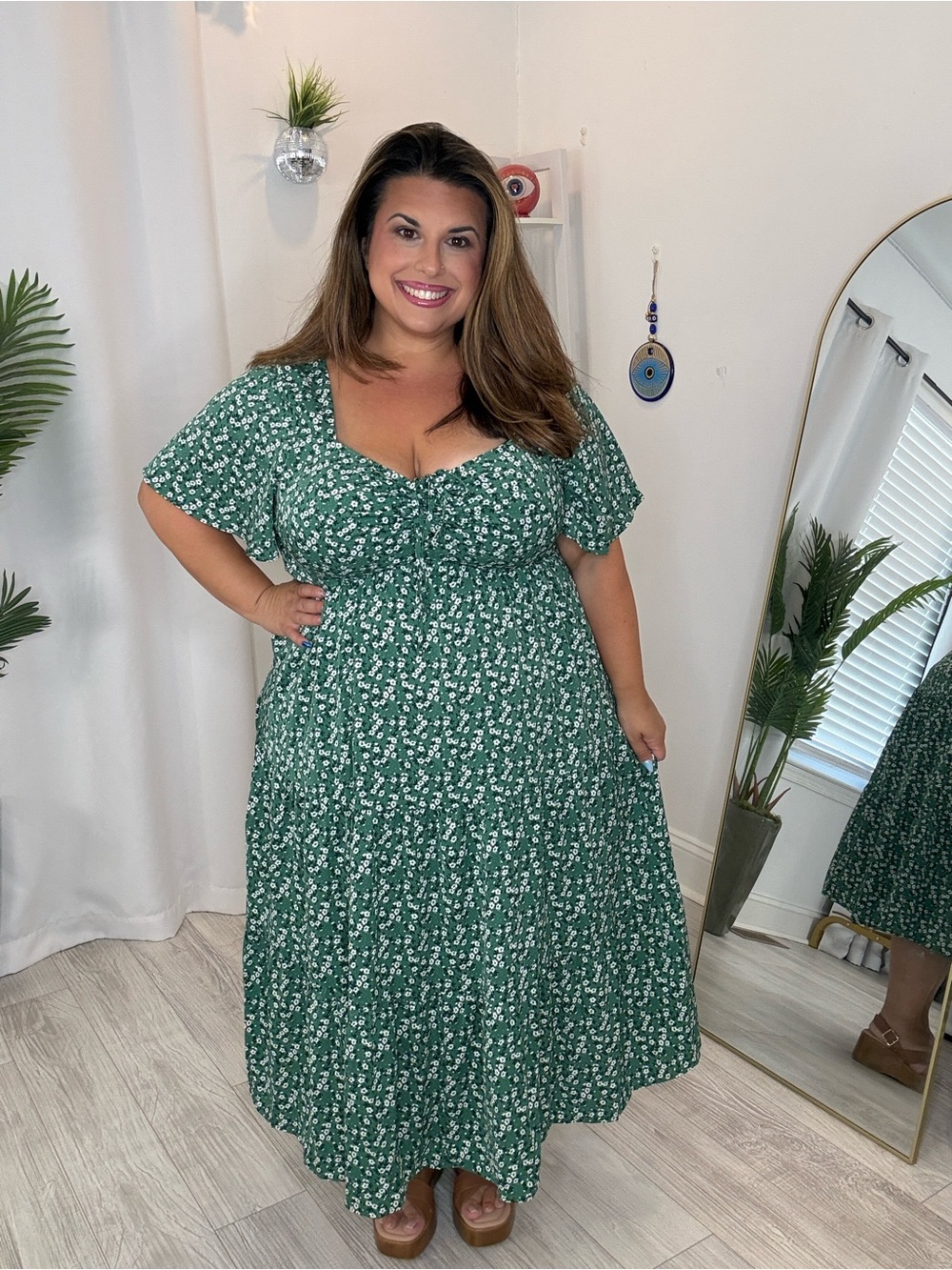 Plus Size Green Ditsy Floral Maxi Dress